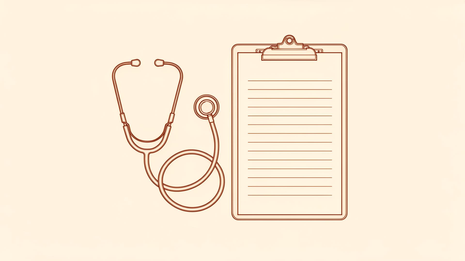 Editorial line illustration of a stethoscope and a clipboard.