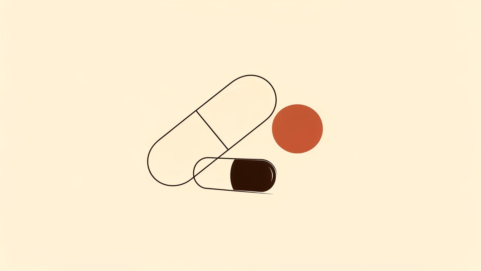 Abstract composition of pill and capsule shapes.