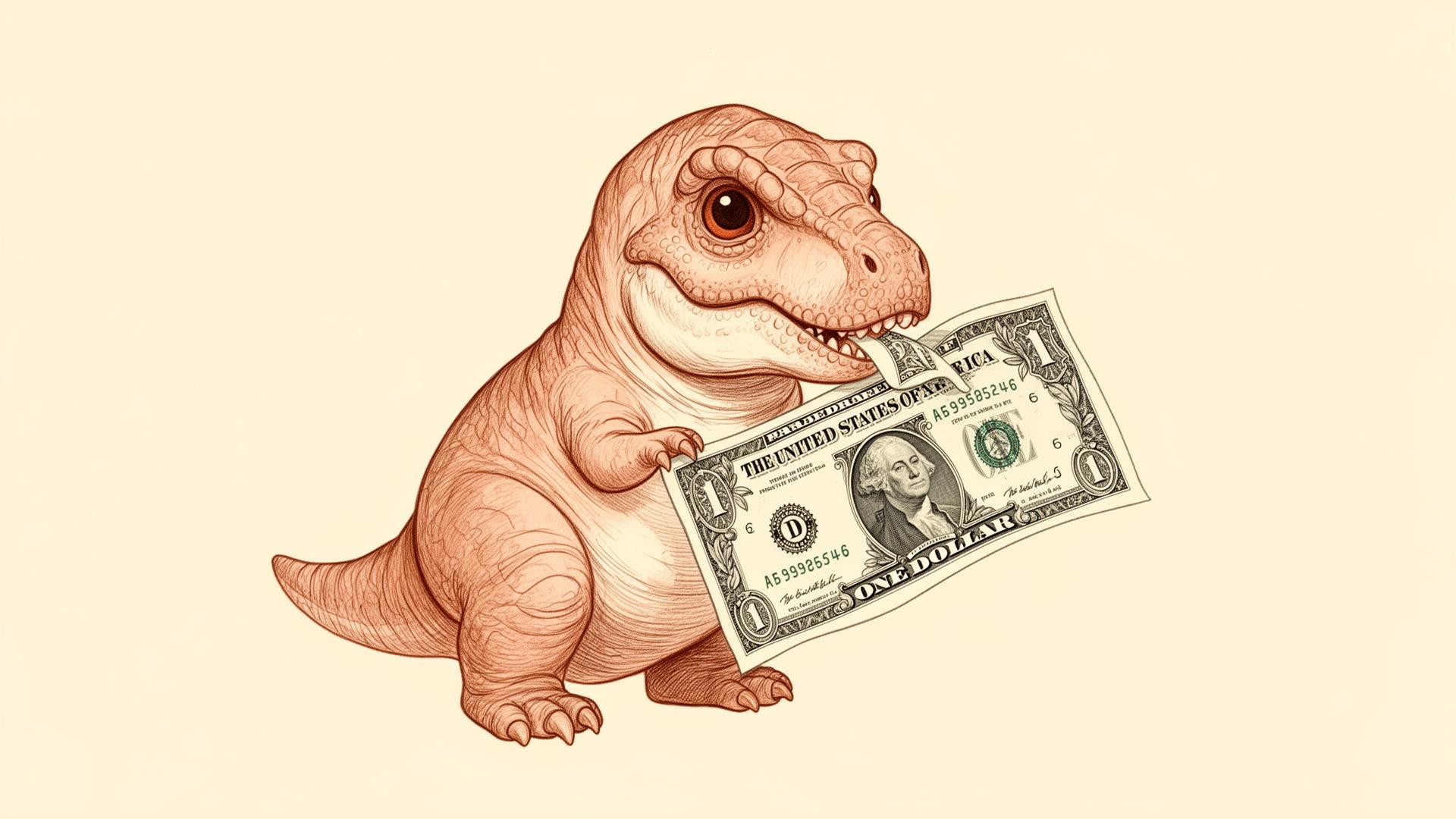 Sketch of a dinosaur trying to eat a dollar bill.