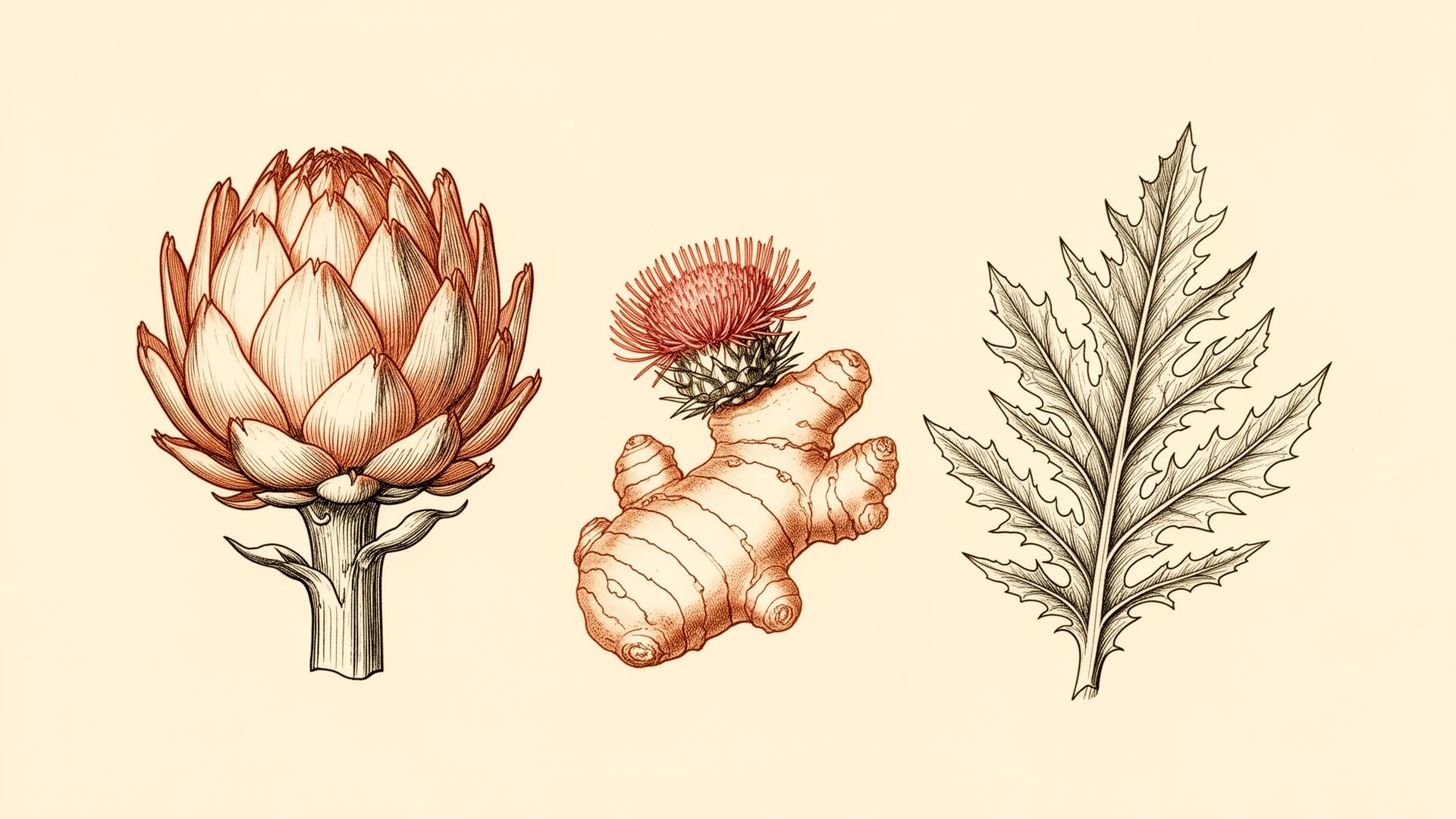 Botanical line illustration of artichoke, ginger, and milk thistle.